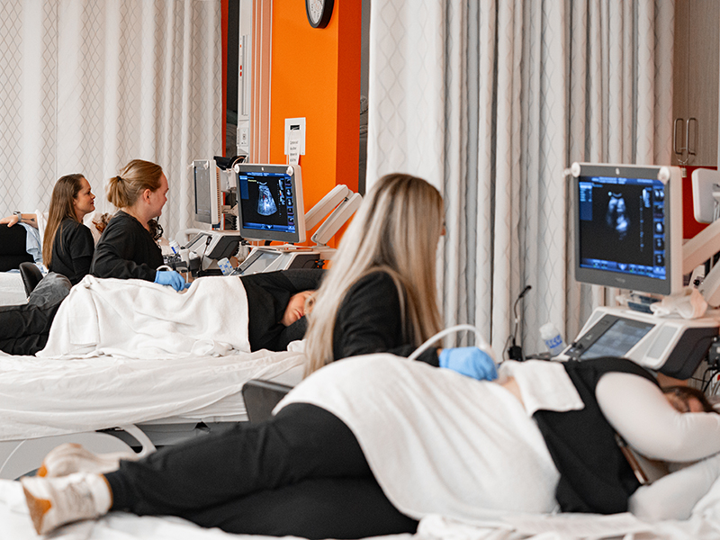 Cardiovascular Sonography Cardiovascular sonography students perform hands-on ultrasound scans during clinical training in a simulated healthcare lab.