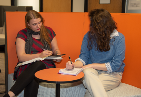 Photo caption(s): Students can study or meet with an academic success coach in the newly renovated Student Success & Opportunity Center on the second floor of the LRC. [photo by Ned Wilson] 